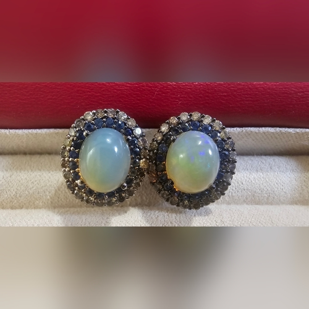 Cabochon Natural Australian Opal, Sapphire, and Colored Diamond Earrings.